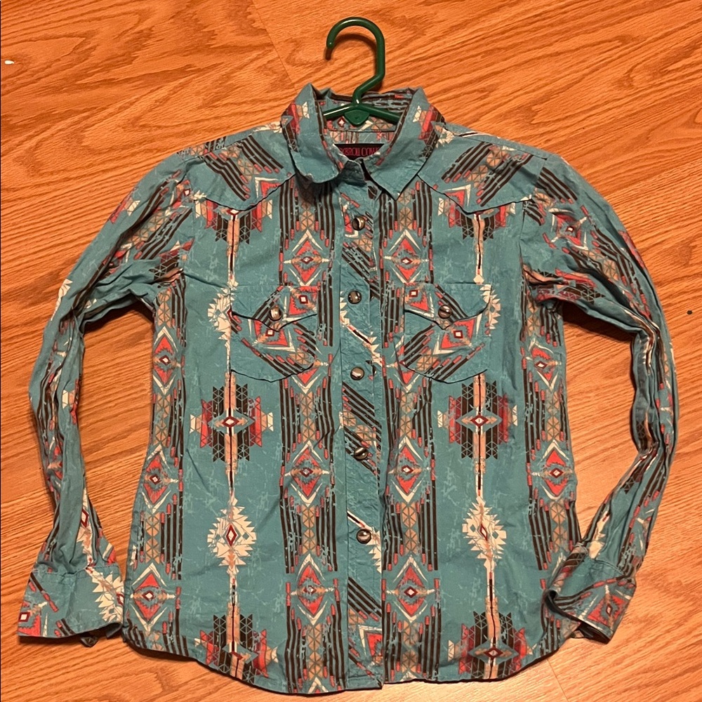 Rock & Roll Cowgirl Turquoise and Red Patterned Shirt